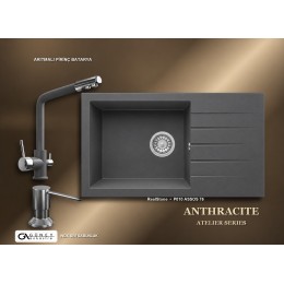 Güney Ankastre RealStone Antrasit Atelier Evye Batarya Seti - Assos 76 XL P010 76x43,5 cm + Arıtmalı Pirinç Batarya + Inox Sıvı Sabunluk