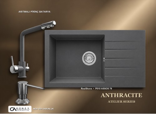 Güney Ankastre RealStone Antrasit Atelier Evye Batarya Seti - Assos 76 XL P010 76x43,5 cm + Arıtmalı Pirinç Batarya + Inox Sıvı Sabunluk