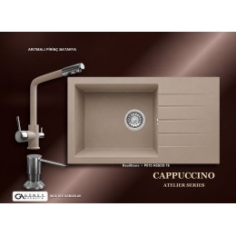 Güney Ankastre RealStone Cappuccino Atelier Evye Batarya Seti - Assos 76 XL P010 76x43,5 cm + Arıtmalı Pirinç Batarya + Inox Sıvı Sabunluk