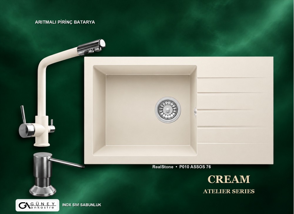 Güney Ankastre RealStone Krem Atelier Evye Batarya Seti - Assos 76 XL P010 76x43,5 cm + Arıtmalı Pirinç Batarya + Inox Sıvı Sabunluk Güney Ankastre RealStone Krem Atelier Evye Batarya Seti - Assos 76 XL P010 76x43,5 cm + Arıtmalı Pirinç Batarya + Inox Sıvı Sabunluk