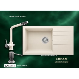 Güney Ankastre RealStone Krem Atelier Evye Batarya Seti - Assos 76 XL P010 76x43,5 cm + Arıtmalı Pirinç Batarya + Inox Sıvı Sabunluk