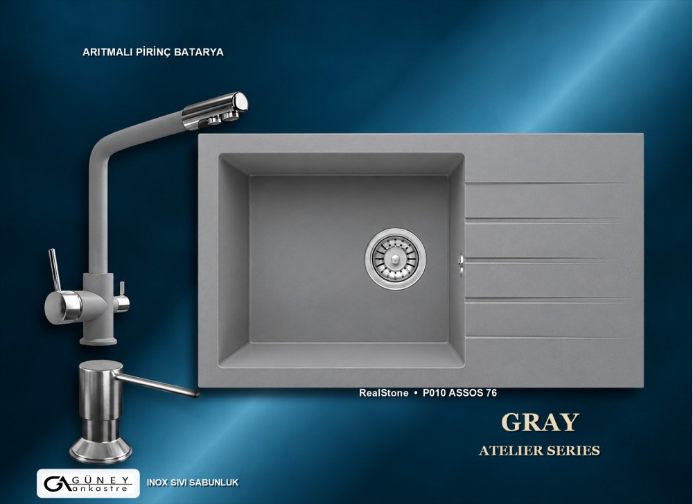 Güney Ankastre RealStone Gri Atelier Evye Batarya Seti - Assos 76 XL P010 76x43,5 cm + Arıtmalı Pirinç Batarya + Inox Sıvı Sabunluk Güney Ankastre RealStone Gri Atelier Evye Batarya Seti - Assos 76 XL P010 76x43,5 cm + Arıtmalı Pirinç Batarya + Inox Sıvı Sabunluk
