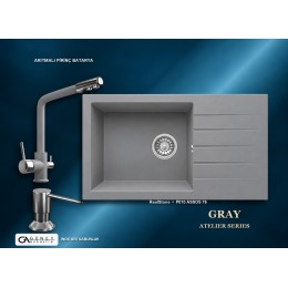 Güney Ankastre RealStone Gri Atelier Evye Batarya Seti - Assos 76 XL P010 76x43,5 cm + Arıtmalı Pirinç Batarya + Inox Sıvı Sabunluk