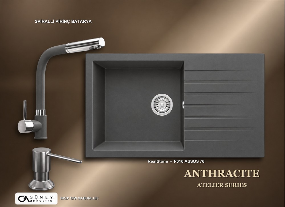 Güney Ankastre RealStone Antrasit Atelier Evye Batarya Seti - Assos 76 XL P010 76x43,5 cm + Spiralli Pirinç Batarya + Inox Sıvı Sabunluk Güney Ankastre RealStone Antrasit Atelier Evye Batarya Seti - Assos 76 XL P010 76x43,5 cm + Spiralli Pirinç Batarya + Inox Sıvı Sabunluk