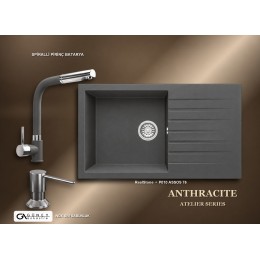 Güney Ankastre RealStone Antrasit Atelier Evye Batarya Seti - Assos 76 XL P010 76x43,5 cm + Spiralli Pirinç Batarya + Inox Sıvı Sabunluk