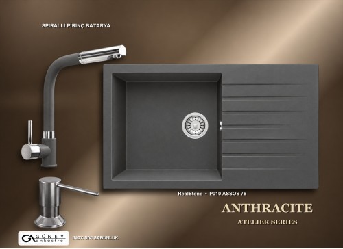Güney Ankastre RealStone Antrasit Atelier Evye Batarya Seti - Assos 76 XL P010 76x43,5 cm + Spiralli Pirinç Batarya + Inox Sıvı Sabunluk