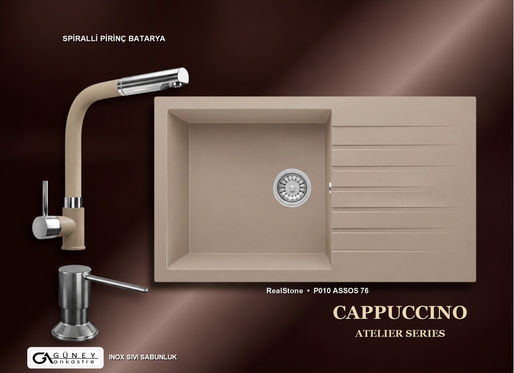 Güney Ankastre RealStone Cappuccino Atelier Evye Batarya Seti - Assos 76 XL P010 76x43,5 cm + Spiralli Pirinç Batarya + Inox Sıvı Sabunluk Güney Ankastre RealStone Cappuccino Atelier Evye Batarya Seti - Assos 76 XL P010 76x43,5 cm + Spiralli Pirinç Batarya + Inox Sıvı Sabunluk