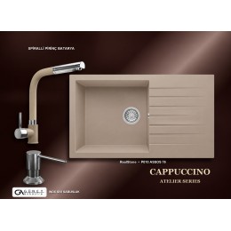 Güney Ankastre RealStone Cappuccino Atelier Evye Batarya Seti - Assos 76 XL P010 76x43,5 cm + Spiralli Pirinç Batarya + Inox Sıvı Sabunluk