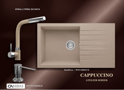 Güney Ankastre RealStone Cappuccino Atelier Evye Batarya Seti - Assos 76 XL P010 76x43,5 cm + Spiralli Pirinç Batarya + Inox Sıvı Sabunluk