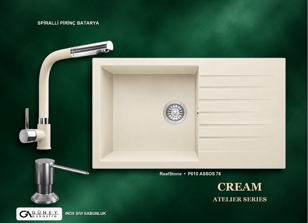 Güney Ankastre RealStone Krem Atelier Evye Batarya Seti - Assos 76 XL P010 76x43,5 cm + Spiralli Pirinç Batarya + Inox Sıvı Sabunluk Güney Ankastre RealStone Krem Atelier Evye Batarya Seti - Assos 76 XL P010 76x43,5 cm + Spiralli Pirinç Batarya + Inox Sıvı Sabunluk