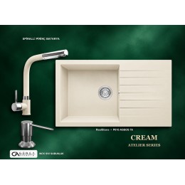 Güney Ankastre RealStone Krem Atelier Evye Batarya Seti - Assos 76 XL P010 76x43,5 cm + Spiralli Pirinç Batarya + Inox Sıvı Sabunluk