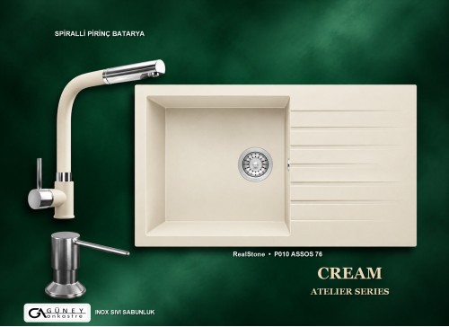 Güney Ankastre RealStone Krem Atelier Evye Batarya Seti - Assos 76 XL P010 76x43,5 cm + Spiralli Pirinç Batarya + Inox Sıvı Sabunluk