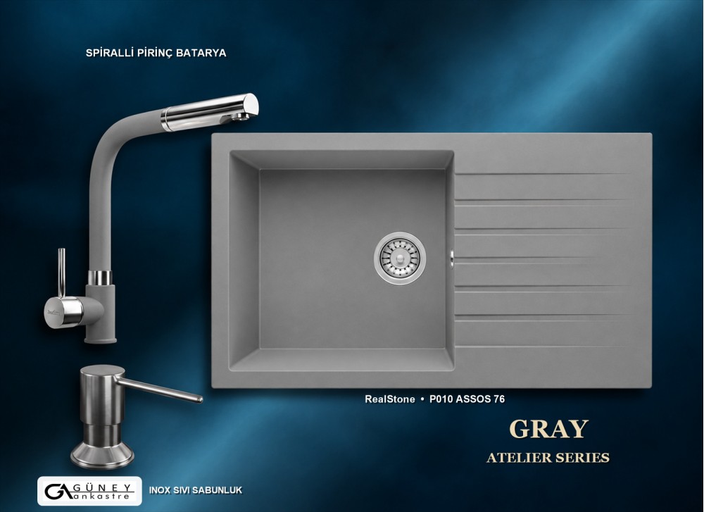 Güney Ankastre RealStone Gri Atelier Evye Batarya Seti - Assos 76 XL P010 76x43,5 cm + Spiralli Pirinç Batarya + Inox Sıvı Sabunluk Güney Ankastre RealStone Gri Atelier Evye Batarya Seti - Assos 76 XL P010 76x43,5 cm + Spiralli Pirinç Batarya + Inox Sıvı Sabunluk
