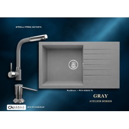 Güney Ankastre RealStone Gri Atelier Evye Batarya Seti - Assos 76 XL P010 76x43,5 cm + Spiralli Pirinç Batarya + Inox Sıvı Sabunluk