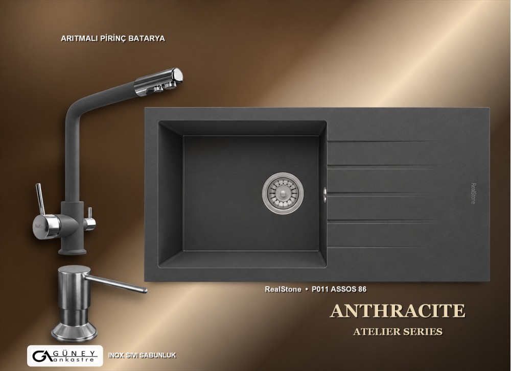 Güney Ankastre RealStone Antrasit Atelier Evye Batarya Seti - Assos 86 XL P011 86x43,5 cm + Arıtmalı Pirinç Batarya + Inox Sıvı Sabunluk