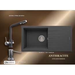 Güney Ankastre RealStone Antrasit Atelier Evye Batarya Seti - Assos 86 XL P011 86x43,5 cm + Arıtmalı Pirinç Batarya + Inox Sıvı Sabunluk