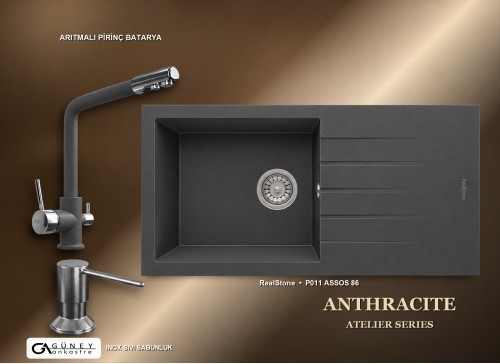 Güney Ankastre RealStone Antrasit Atelier Evye Batarya Seti - Assos 86 XL P011 86x43,5 cm + Arıtmalı Pirinç Batarya + Inox Sıvı Sabunluk