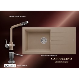 Güney Ankastre RealStone Cappuccino Atelier Evye Batarya Seti - Assos 86 XL P011 86x43,5 cm + Arıtmalı Pirinç Batarya + Inox Sıvı Sabunluk