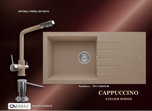 Güney Ankastre RealStone Cappuccino Atelier Evye Batarya Seti - Assos 86 XL P011 86x43,5 cm + Arıtmalı Pirinç Batarya + Inox Sıvı Sabunluk