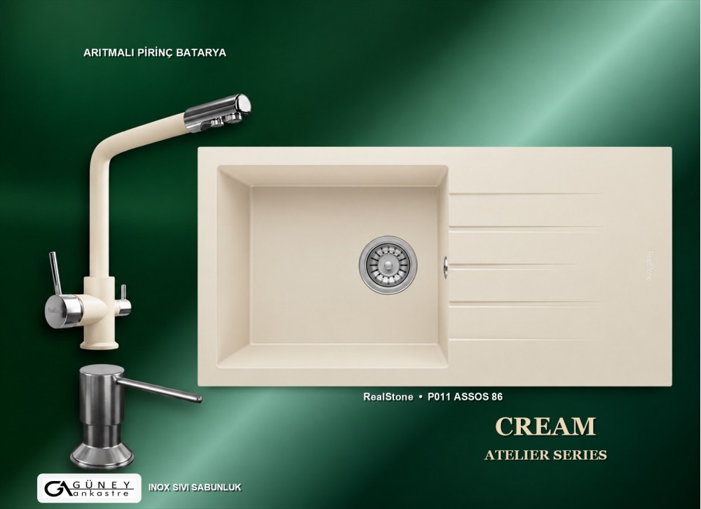 Güney Ankastre RealStone Krem Atelier Evye Batarya Seti - Assos 86 XL P011 86x43,5 cm + Arıtmalı Pirinç Batarya + Inox Sıvı Sabunluk