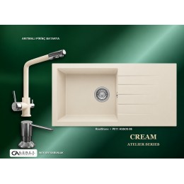 Güney Ankastre RealStone Krem Atelier Evye Batarya Seti - Assos 86 XL P011 86x43,5 cm + Arıtmalı Pirinç Batarya + Inox Sıvı Sabunluk