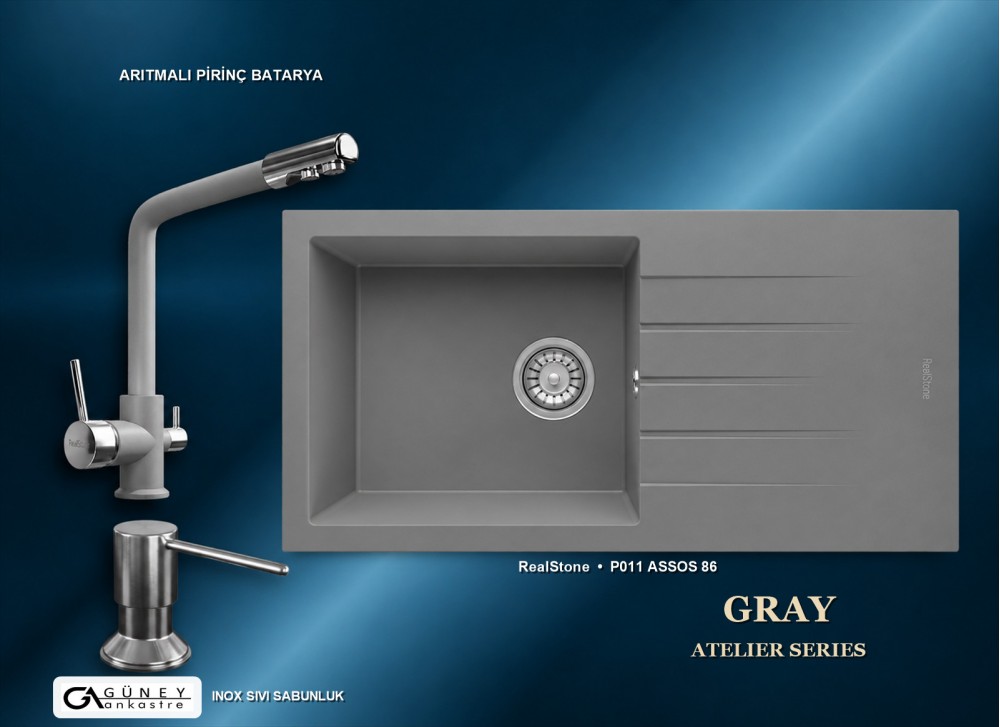 Güney Ankastre RealStone Gri Atelier Evye Batarya Seti - Assos 86 XL P011 86x43,5 cm + Arıtmalı Pirinç Batarya + Inox Sıvı Sabunluk Güney Ankastre RealStone Gri Atelier Evye Batarya Seti - Assos 86 XL P011 86x43,5 cm + Arıtmalı Pirinç Batarya + Inox Sıvı Sabunluk