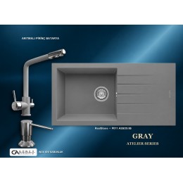 Güney Ankastre RealStone Gri Atelier Evye Batarya Seti - Assos 86 XL P011 86x43,5 cm + Arıtmalı Pirinç Batarya + Inox Sıvı Sabunluk