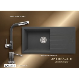 Güney Ankastre RealStone Antrasit Atelier Evye Batarya Seti - Assos 86 XL P011 86x43,5 cm + Spiralli Pirinç Batarya + Inox Sıvı Sabunluk