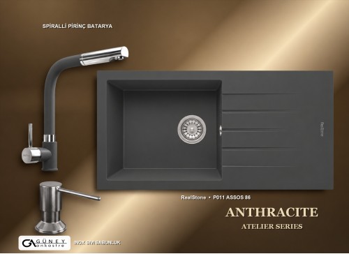 Güney Ankastre RealStone Antrasit Atelier Evye Batarya Seti - Assos 86 XL P011 86x43,5 cm + Spiralli Pirinç Batarya + Inox Sıvı Sabunluk