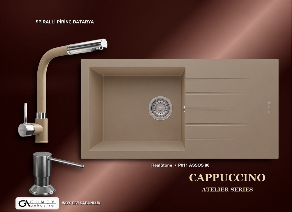 Güney Ankastre RealStone Cappuccino Atelier Evye Batarya Seti - Assos 86 XL P011 86x43,5 cm + Spiralli Pirinç Batarya + Inox Sıvı Sabunluk Güney Ankastre RealStone Cappuccino Atelier Evye Batarya Seti - Assos 86 XL P011 86x43,5 cm + Spiralli Pirinç Batarya + Inox Sıvı Sabunluk