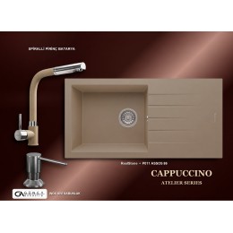 Güney Ankastre RealStone Cappuccino Atelier Evye Batarya Seti - Assos 86 XL P011 86x43,5 cm + Spiralli Pirinç Batarya + Inox Sıvı Sabunluk