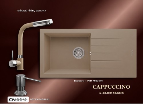 Güney Ankastre RealStone Cappuccino Atelier Evye Batarya Seti - Assos 86 XL P011 86x43,5 cm + Spiralli Pirinç Batarya + Inox Sıvı Sabunluk