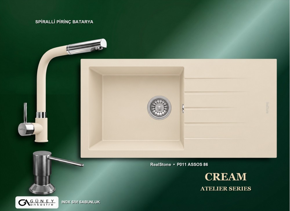 Güney Ankastre RealStone Krem Atelier Evye Batarya Seti - Assos 86 XL P011 86x43,5 cm + Spiralli Pirinç Batarya + Inox Sıvı Sabunluk Güney Ankastre RealStone Krem Atelier Evye Batarya Seti - Assos 86 XL P011 86x43,5 cm + Spiralli Pirinç Batarya + Inox Sıvı Sabunluk