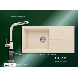 Güney Ankastre RealStone Krem Atelier Evye Batarya Seti - Assos 86 XL P011 86x43,5 cm + Spiralli Pirinç Batarya + Inox Sıvı Sabunluk
