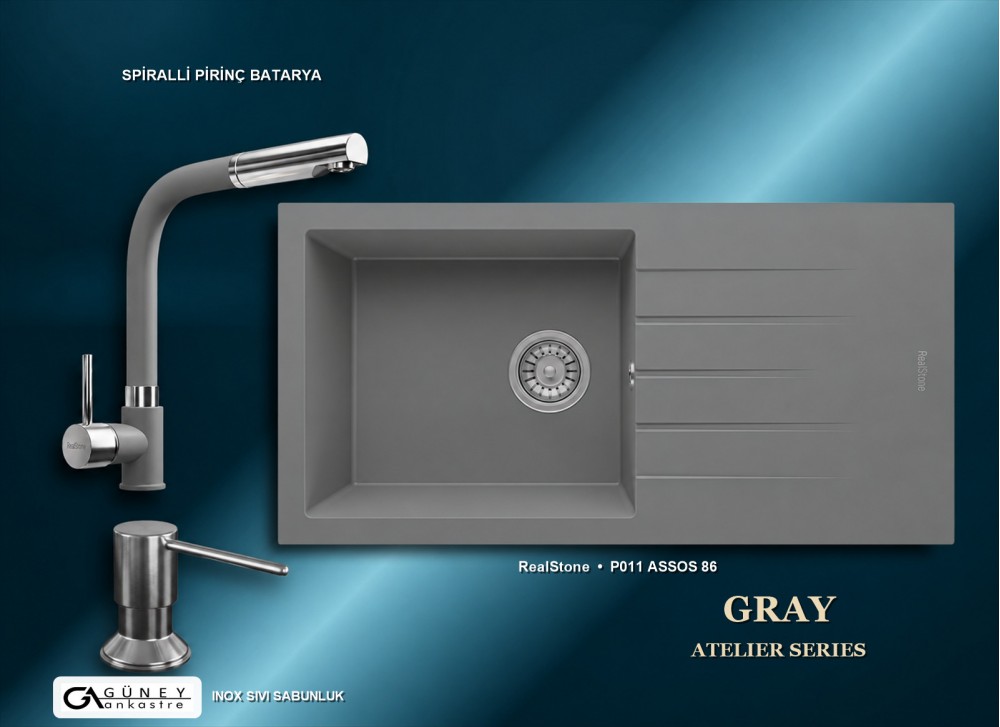 Güney Ankastre RealStone Gri Atelier Evye Batarya Seti - Assos 86 XL P011 86x43,5 cm + Spiralli Pirinç Batarya + Inox Sıvı Sabunluk Güney Ankastre RealStone Gri Atelier Evye Batarya Seti - Assos 86 XL P011 86x43,5 cm + Spiralli Pirinç Batarya + Inox Sıvı Sabunluk