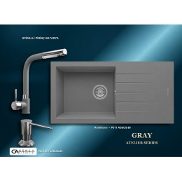 Güney Ankastre RealStone Gri Atelier Evye Batarya Seti - Assos 86 XL P011 86x43,5 cm + Spiralli Pirinç Batarya + Inox Sıvı Sabunluk