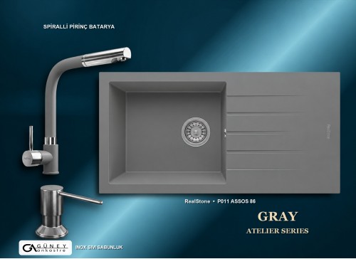 Güney Ankastre RealStone Gri Atelier Evye Batarya Seti - Assos 86 XL P011 86x43,5 cm + Spiralli Pirinç Batarya + Inox Sıvı Sabunluk