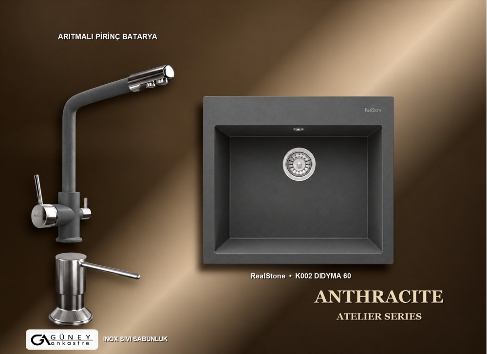 Güney Ankastre RealStone Antrasit Atelier Evye Batarya Seti - Didyma 60 K002 60x53 cm + Arıtmalı Pirinç Batarya + Inox Sıvı Sabunluk