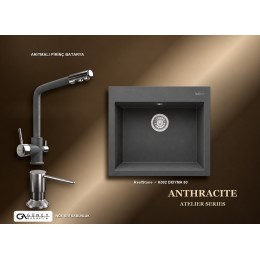 Güney Ankastre RealStone Antrasit Atelier Evye Batarya Seti - Didyma 60 K002 60x53 cm + Arıtmalı Pirinç Batarya + Inox Sıvı Sabunluk