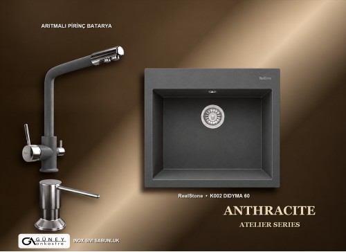Güney Ankastre RealStone Antrasit Atelier Evye Batarya Seti - Didyma 60 K002 60x53 cm + Arıtmalı Pirinç Batarya + Inox Sıvı Sabunluk