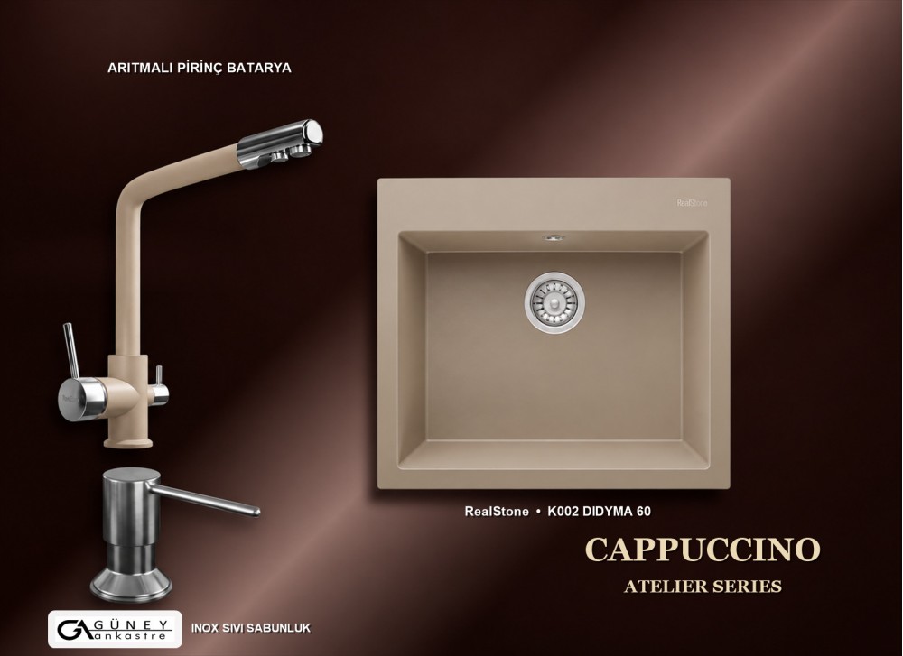 Güney Ankastre RealStone Cappuccino Atelier Evye Batarya Seti - Didyma 60 K002 60x53 cm + Arıtmalı Pirinç Batarya + Inox Sıvı Sabunluk Güney Ankastre RealStone Cappuccino Atelier Evye Batarya Seti - Didyma 60 K002 60x53 cm + Arıtmalı Pirinç Batarya + Inox Sıvı Sabunluk