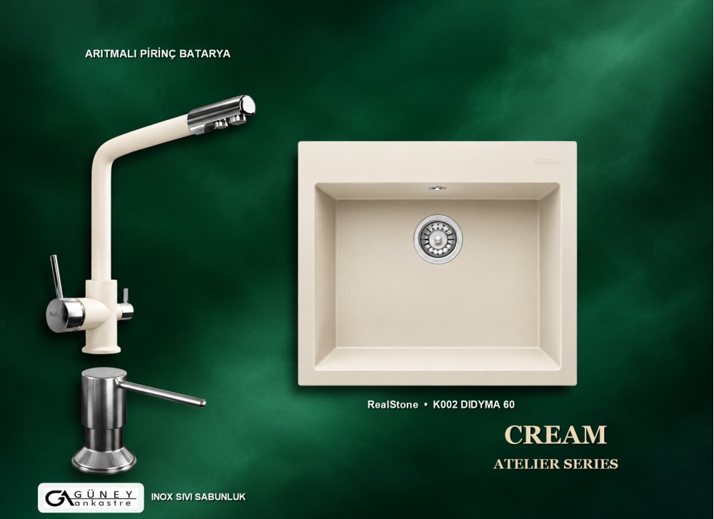 Güney Ankastre RealStone Krem Atelier Evye Batarya Seti - Didyma 60 K002 60x53 cm + Arıtmalı Pirinç Batarya + Inox Sıvı Sabunluk