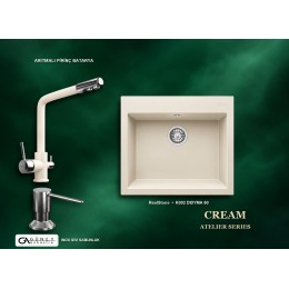Güney Ankastre RealStone Krem Atelier Evye Batarya Seti - Didyma 60 K002 60x53 cm + Arıtmalı Pirinç Batarya + Inox Sıvı Sabunluk