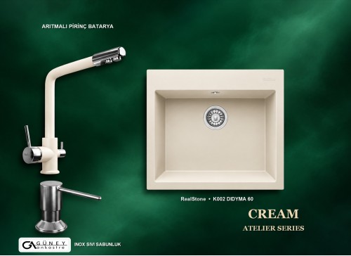 Güney Ankastre RealStone Krem Atelier Evye Batarya Seti - Didyma 60 K002 60x53 cm + Arıtmalı Pirinç Batarya + Inox Sıvı Sabunluk