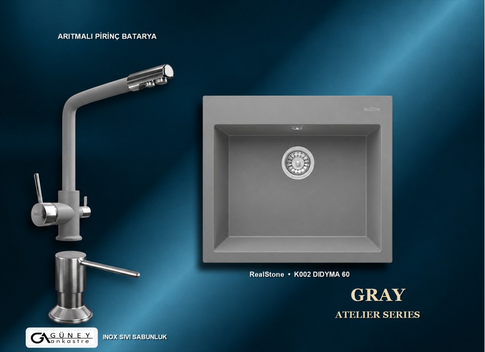 Güney Ankastre RealStone Gri Atelier Evye Batarya Seti - Didyma 60 K002 60x53 cm + Arıtmalı Pirinç Batarya + Inox Sıvı Sabunluk