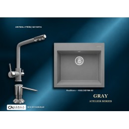 Güney Ankastre RealStone Gri Atelier Evye Batarya Seti - Didyma 60 K002 60x53 cm + Arıtmalı Pirinç Batarya + Inox Sıvı Sabunluk