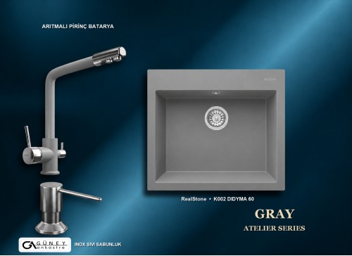 Güney Ankastre RealStone Gri Atelier Evye Batarya Seti - Didyma 60 K002 60x53 cm + Arıtmalı Pirinç Batarya + Inox Sıvı Sabunluk