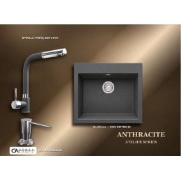 Güney Ankastre RealStone Antrasit Atelier Evye Batarya Seti - Didyma 60 K002 60x53 cm + Spiralli Pirinç Batarya + Inox Sıvı Sabunluk