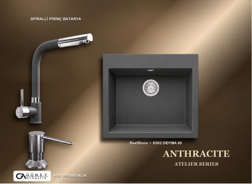 Güney Ankastre RealStone Antrasit Atelier Evye Batarya Seti - Didyma 60 K002 60x53 cm + Spiralli Pirinç Batarya + Inox Sıvı Sabunluk