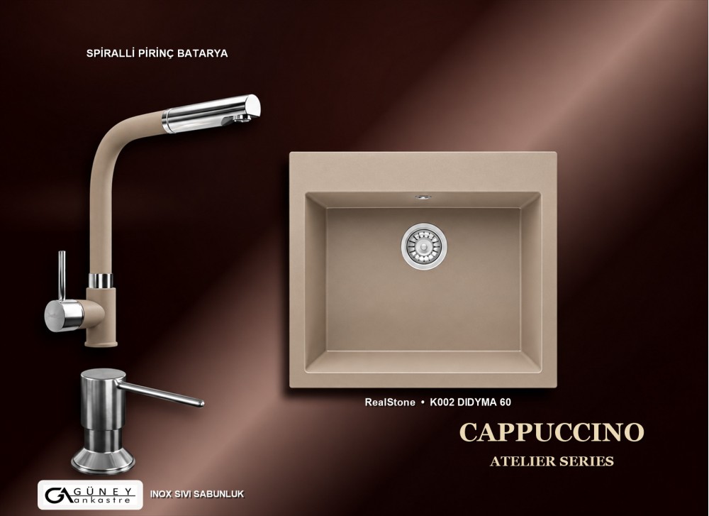 Güney Ankastre RealStone Cappuccino Atelier Evye Batarya Seti - Didyma 60 K002 60x53 cm + Spiralli Pirinç Batarya + Inox Sıvı Sabunluk Güney Ankastre RealStone Cappuccino Atelier Evye Batarya Seti - Didyma 60 K002 60x53 cm + Spiralli Pirinç Batarya + Inox Sıvı Sabunluk